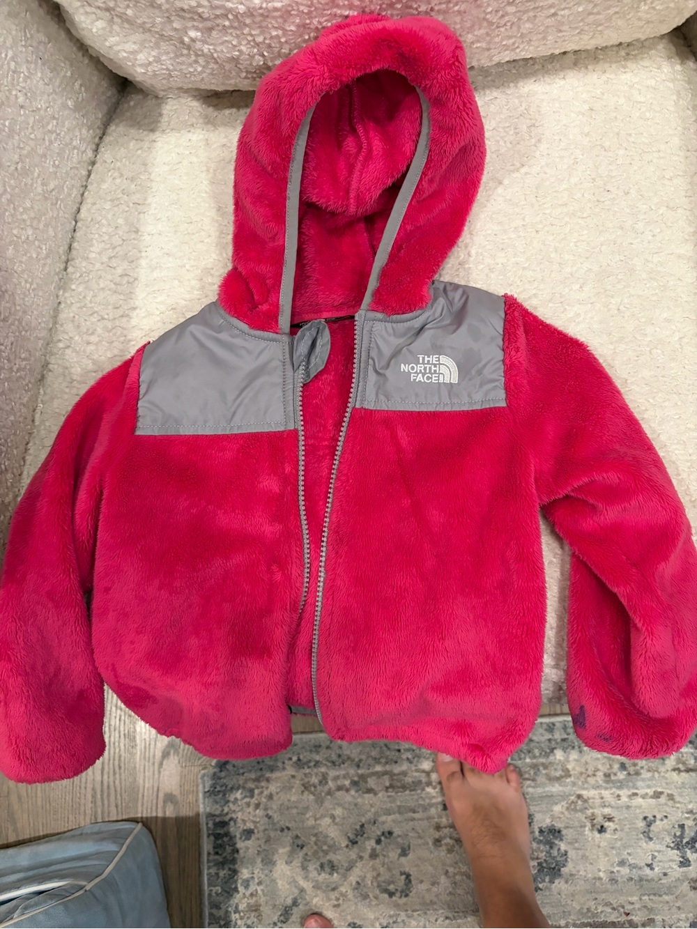 The North Face Hot Pink Plush Hooded Jacket with Gray Yoke